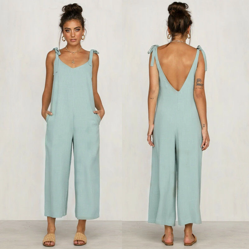 Женский комбинезон с открытой спиной однотонный Свободный Длинный без рукавов