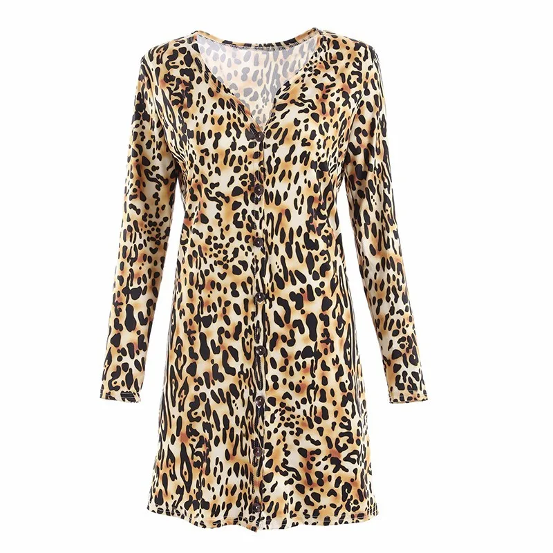

Women Sexy Leopard Printed Cardigan Autumn Short Dresses Long Sleeve Button Tunic Cardigan Lady Tops V Neck Cover Up Beach Dress