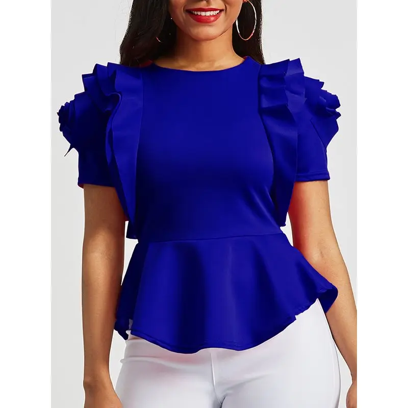 Фото Женская офисная блузка с рюшами элегантная однотонная в стиле пэчворк Женская офисная блузка с рюшами элегантная однотонная в стиле пэчворк