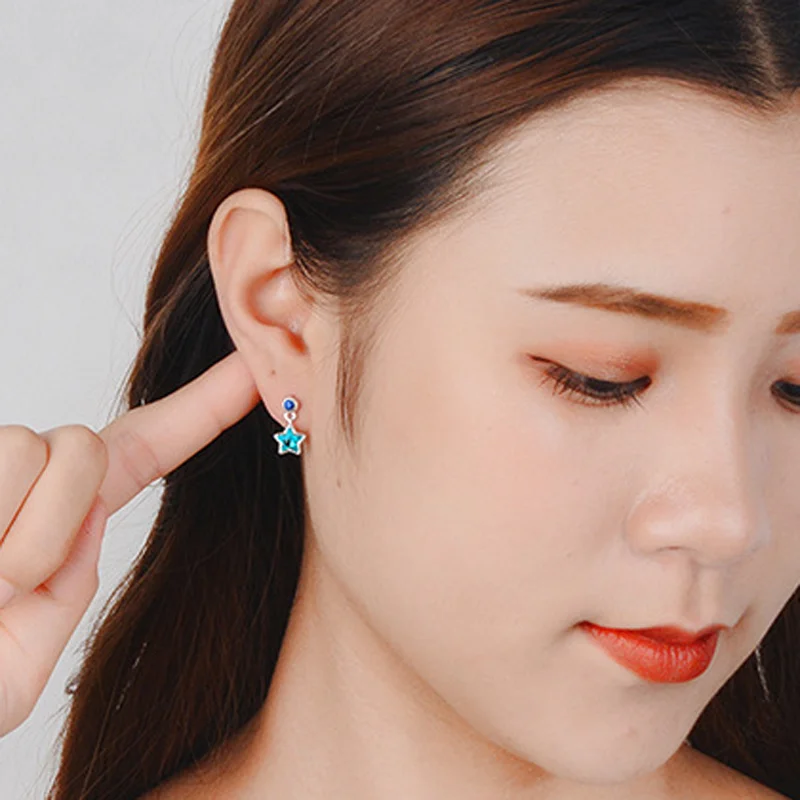 KITEAL 2019 newest silver color 925 jewelry Girlfriend earring Asymmetry blue star Zircon five cuff love|Серьги-гвоздики| |