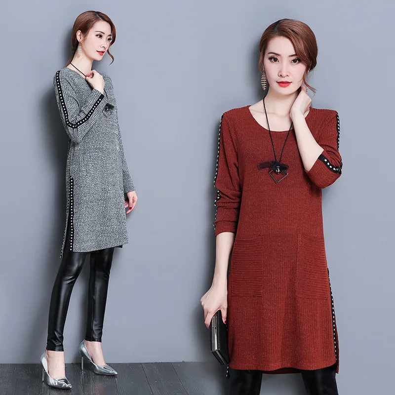 

2018 Autumn New Pattern Will Self-cultivation Thin Solid Color Round Neck Rendering Unlined Upper Garment Long Sleeve Dress