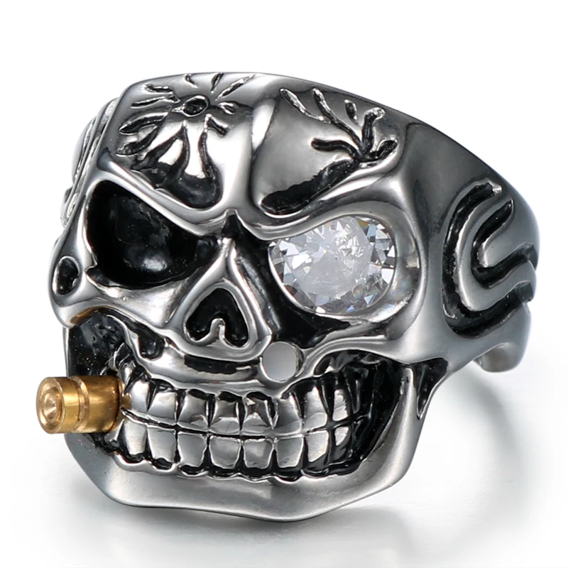 

jingyang New Stainless Steel Titanium Zircon Gold Pipe Punk Skull Rock Biker Clear Eye Plating Men's Rings Jewelry