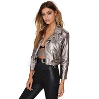 women punk cool style jacket short pu leather coat turn down collar silver more pockets and more zipper plus size jacket outwear