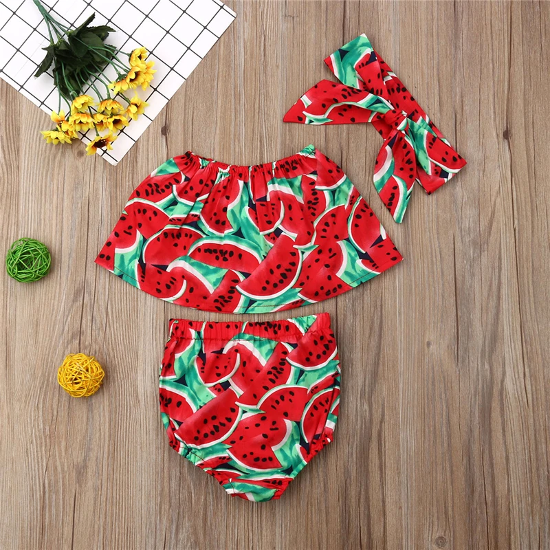 Kids Baby Girl Watermelon summer 3pcs Set baby girl Tops +Shorts Pants+Headband Summer 3PCS | Детская одежда и обувь