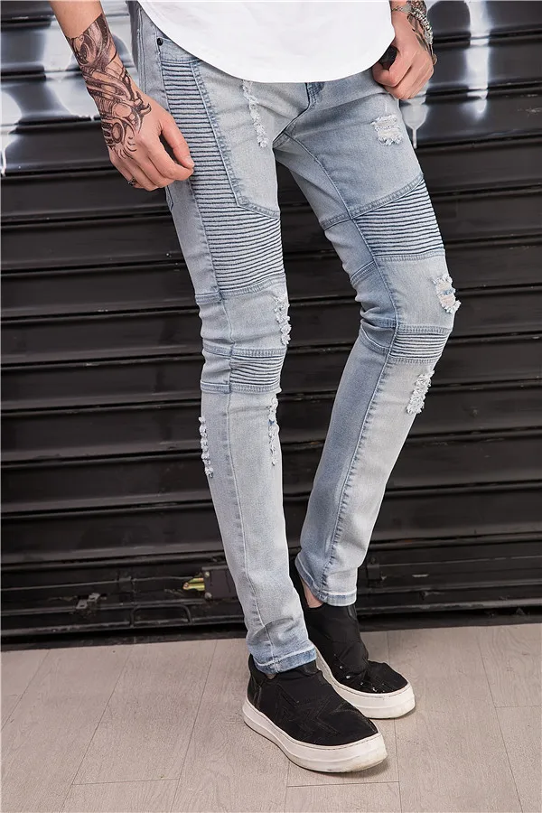 Skinny Jeans Men Vintage Denim Casual Stretch 2019 Spring Pleated Patchwork Hole Ripped Male Zipper Pencil Pants | Мужская одежда
