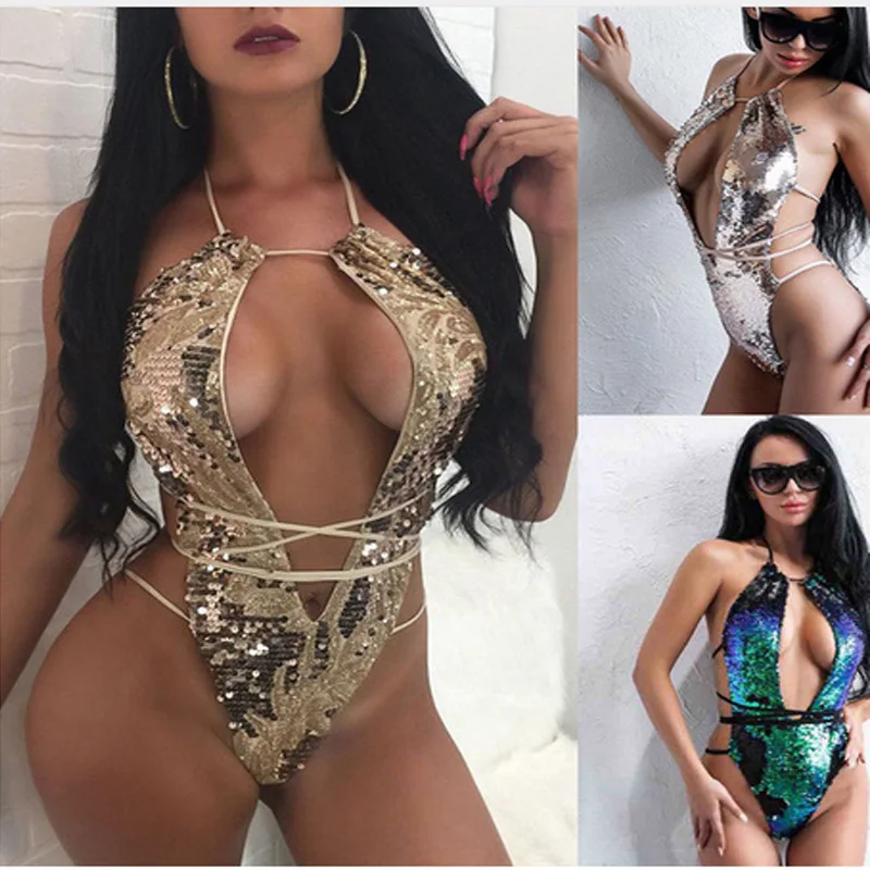 Новинка 2019 года Цельный купальник с блестками лямкой на шее женский купальный