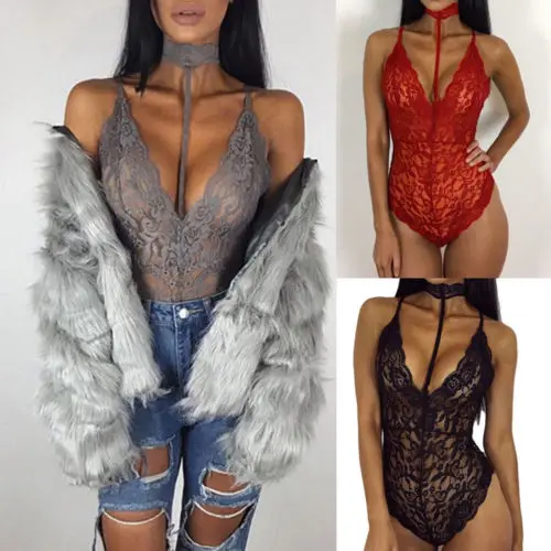 2019 New Fashion USA Womens Ladies Lace Bodysuit Blouse Sexy Lingerie Choker Spaghetti Strap Romper Tops Sleepwear | Женская одежда