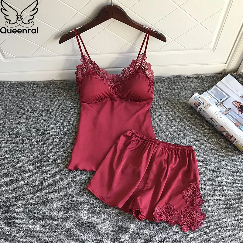 Queenral Women's Sleep Lounge Pajamas Set Silk Summer Sleepwear Sleeveless Nightwear Sexy Lingerie Intimate For Women With Pad | Женская