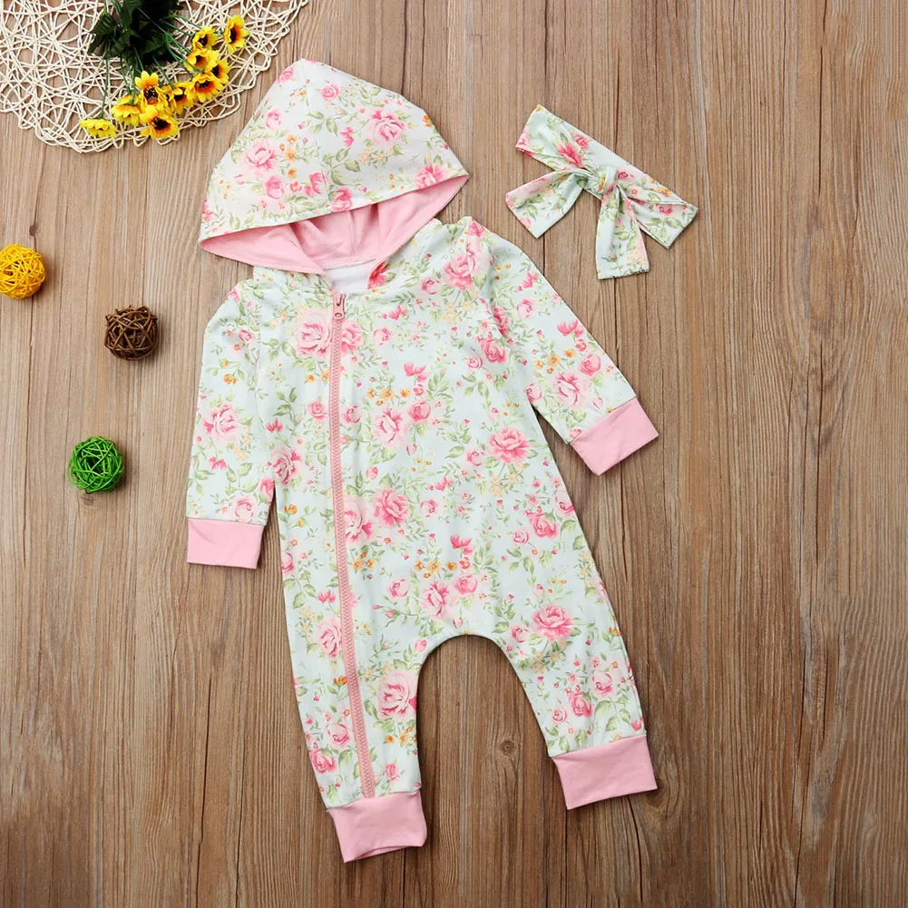 

Brand New Arrivals Newborn Baby Kid Girl Floral Romper Hoodie Jumpsuit 2Pcs Outfits Clothes Long Sleeve Zipper Cotton Clothing