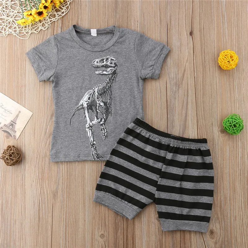 1-6T 2019 New Toddler Infant Kids Baby Boys Clothes Set Gray Dinosaur Printing Tops T-Shirt Short Pants 2pcs Casual Outfit Suits |