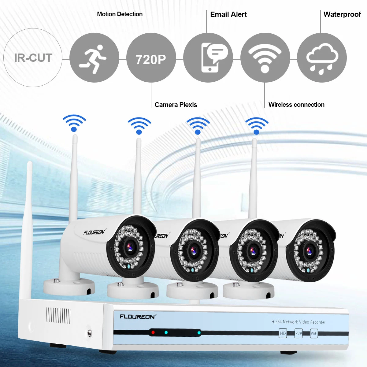 Беспроводная система видеонаблюдения 720 P HD 4CH NVR IR CUT наружная/Внутренняя WLAN Wi Fi