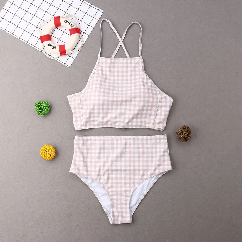 2019 Brand New Mother Daughter Swimsuit Family Matching Beachwear High Waist Swimwear Checked 2Pcs Sets Parent-Child | Мать и ребенок