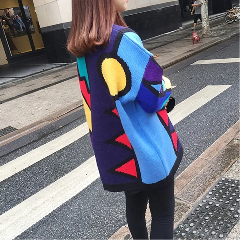 Twojstyle 2018 Autumn Winter Women Sleeve Knitwear Fashion Able Color Geometric Long Sleeved Round Collar Loose Knitted Sweater | Женская