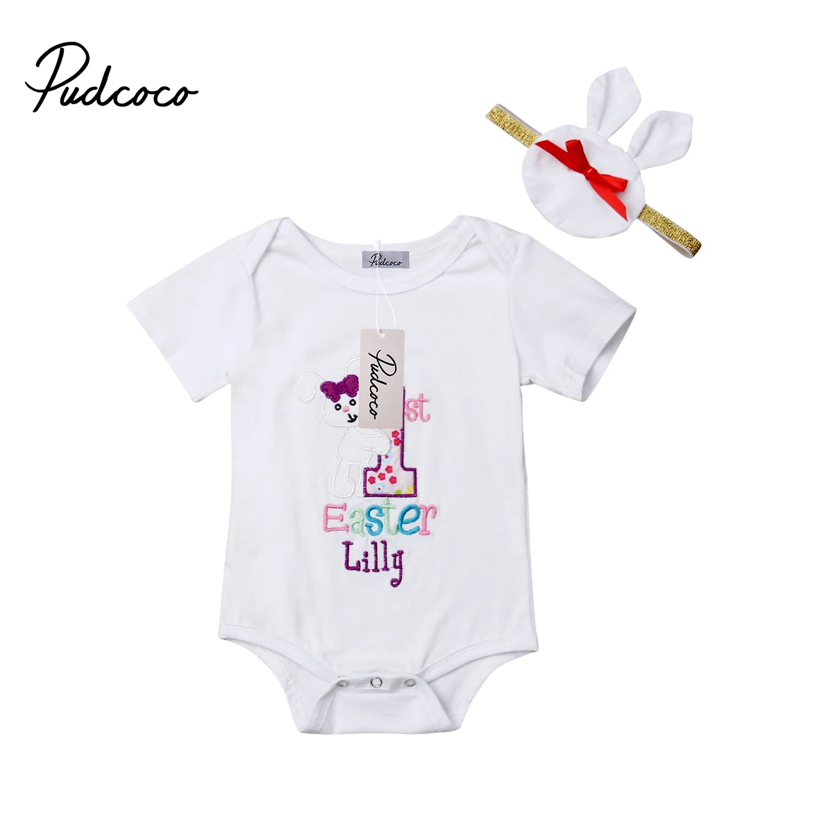 

Pudcoco Newborn Baby Girl Clothes Cotton Short Sleeve Easter Jumpsuit Bodysuit + Headband Outfits Set 0-18M