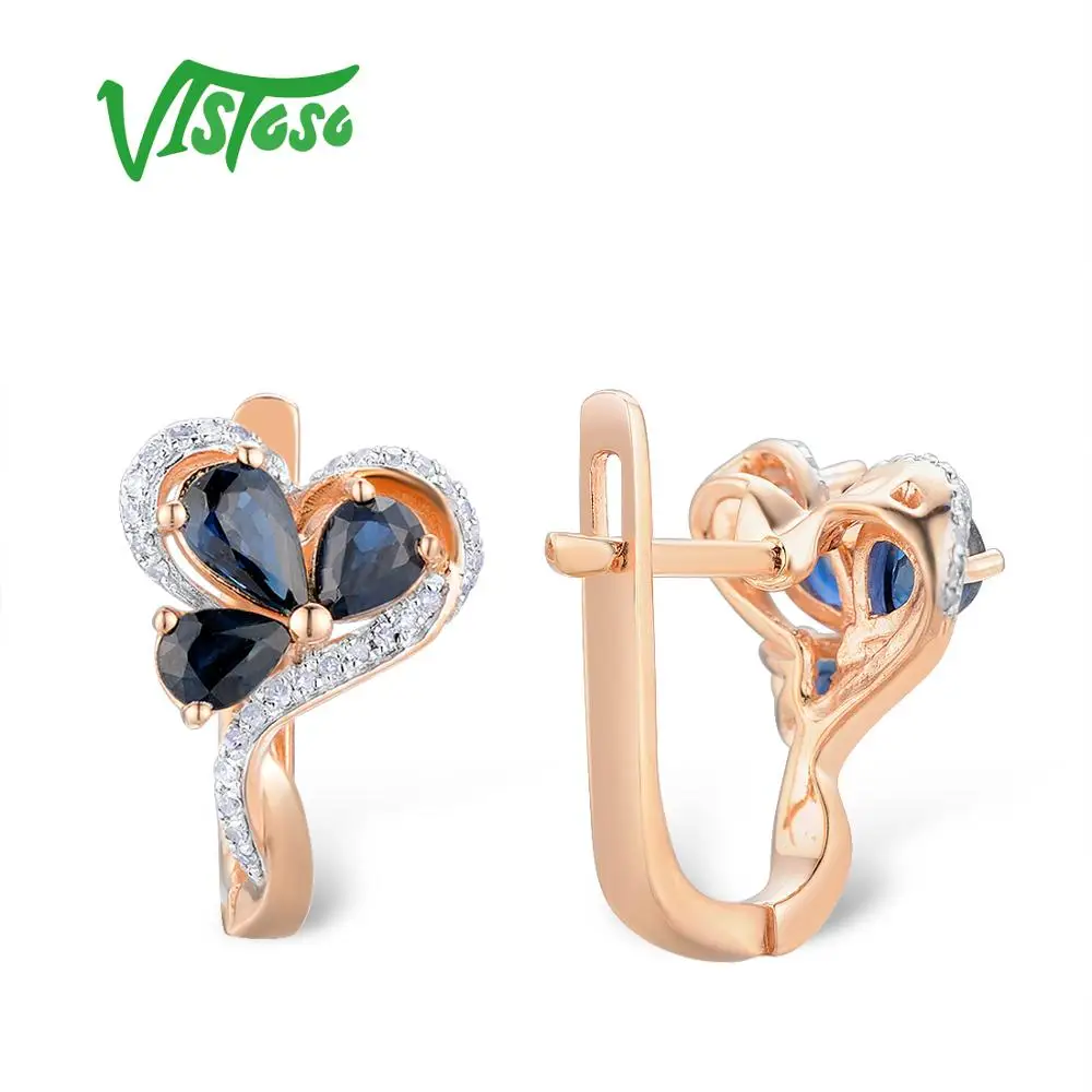 VISTOSO золотые серьги для женщин 14K 585 розовое золото сверкающий синий сапфир