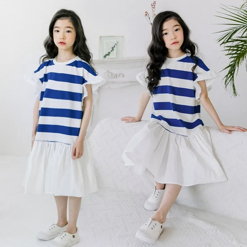 2019 Summer Girl Dress Baby Clothes Ruffles Long Teenage Kids Party O Neck Blue White Striped Clothing Fashion | Детская одежда и
