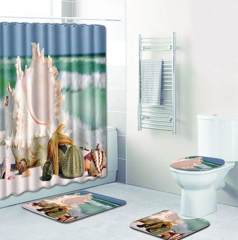 Sea shell printed Polyester Shower Curtain Bathroom Waterproof with 10 Hooks Pedestal Rug Lid Toilet Cover Bath Mat Set | Дом и сад