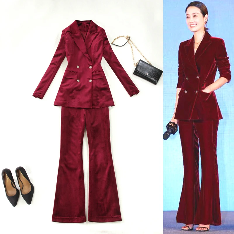 Two piece set top and pants women's autumn and winter new waist double-breasted suit jacket + bell pants wine red velvet suit
