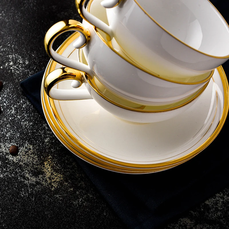 2PCS/Lot 250ML Brief Gold Border Ceramic Bone china Coffee Milk Cup with Saucer Kit Black Tea Water Mug for Birthday Gifts | Дом и сад