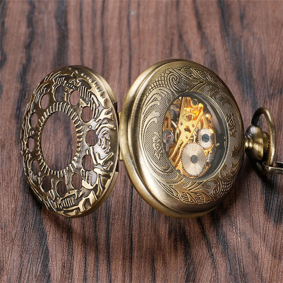 

Old Bronze Hollow Circles Mechanical Pocket Watch Hand Winding Pendant Clock Luxury Steampunk Fob Clock with 30cm Pocket Chain