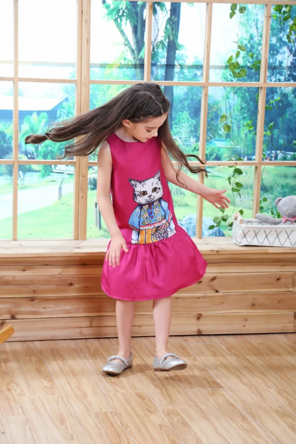 Autumn Spring fashion rose cartoon cat print baby girls sleeveless dress kids Children brand clothes 3 to 9 yrs | Детская одежда и