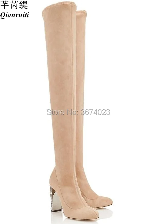Qianruiti Beige Black Faux Suede Overknee Boots Jeweled Block High Heels Thigh Runway Shoes Women |
