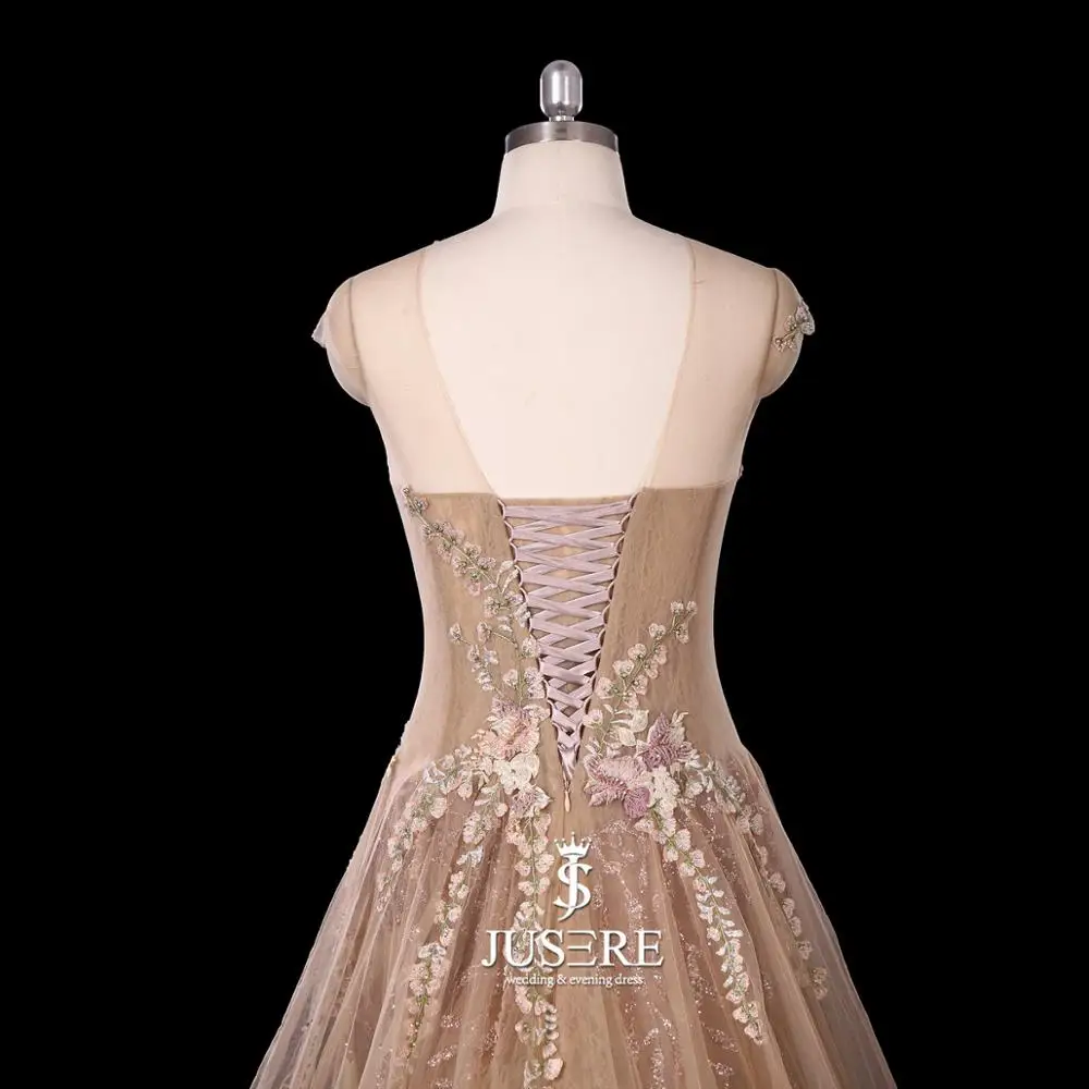 Champagne Long Evening Dress Charming A-Line O-Neck Cap Sleeve Embroidery Lace Flower Floor Length Evening Dresses Gowns 2019