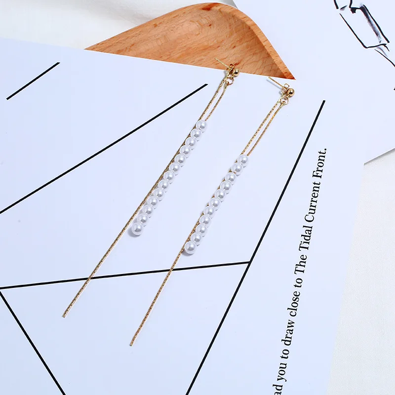 

Elegant simple metal chain pearl earrings Korean personality fashion long Tassel ear nail ear