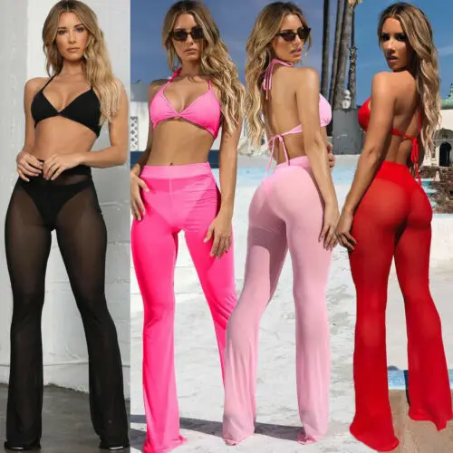 Новинка 2019 женские летние пляжные длинные брюки с высокой талией прозрачными