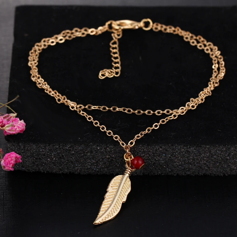 LNRRABC/двухслойный женский браслет на щиколотке с бусинами перьями и листьями