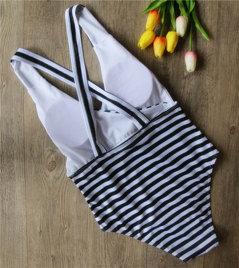 Striped sexy bathing vintage one piece monokinis Summer women femme Deep V push up padded swimsuits High waist holiday Brazilian | Спорт и