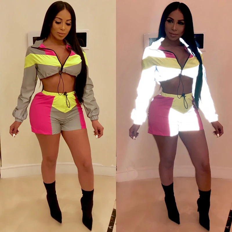 Светоотражающий Комплект из двух предметов блестящие шорты короткий топ с