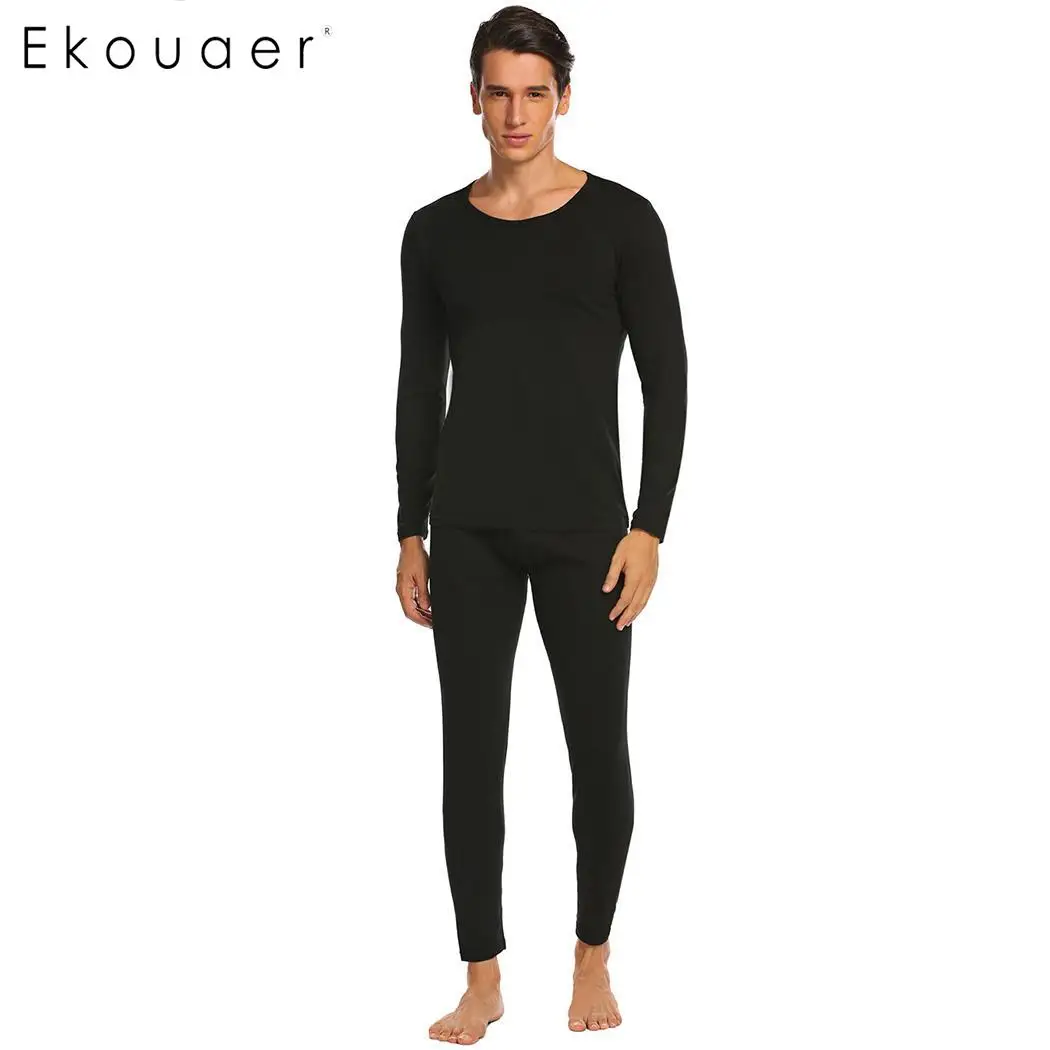 Ekouaer Men Thermal Underwear Sets Solid O-Neck Long Sleeve Tops with Elastic Waist Pants Sleep Pajamas Homewear Suits | Мужская одежда