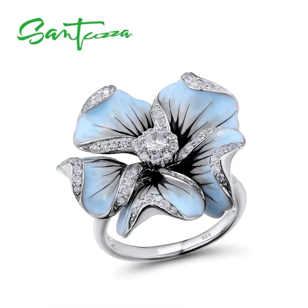 

SANTUZZA Silver Ring For Women Pure 925 Sterling Silver Cubic Zirconia Elegant Blue Blooming Flower Fine Jewelry Handmade Enamel