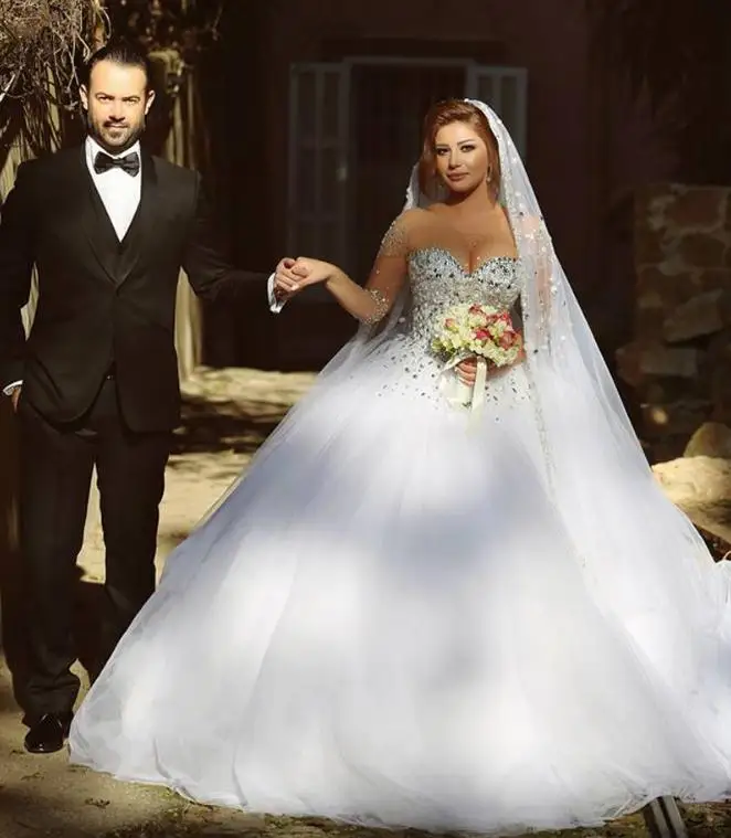 VAMOLASC Luxury Crystal Sweetheart Tulle Ball Gown Wedding Dresses Illusion Long Sleeve Court Train Backless Bridal Gowns | Свадьбы и