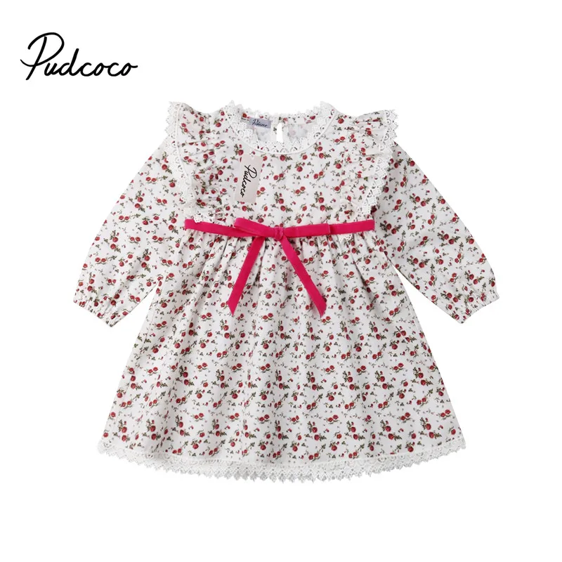 pudcoco Kids Baby Girl Floral Dress Bebe Girls Cotton belt Princess Lace Party Pageant Dresses 1-5T | Детская одежда и обувь