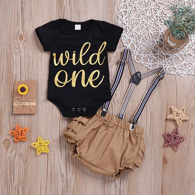 Комплект летней одежды для маленьких девочек с принтом Wild One черный топ