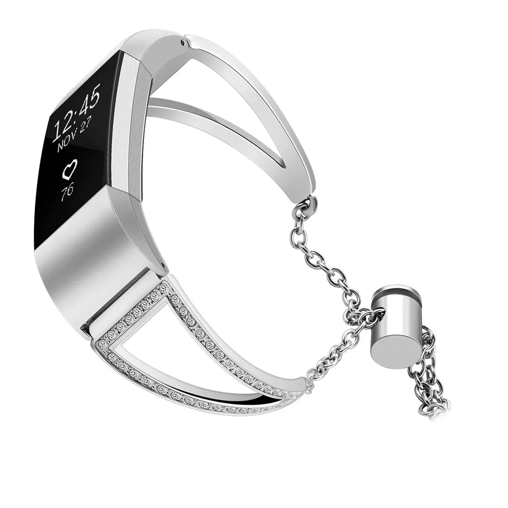 Женские Роскошные наручные часы Fitbit Charge 2 из нержавеющей стали с кристаллами