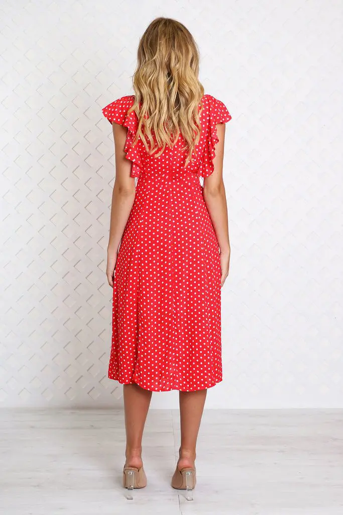 Женское однобортное платье в горошек Привлекательное с v образным вырезом и