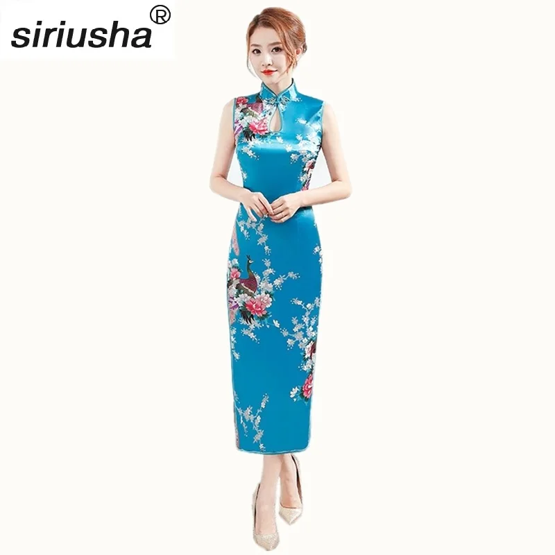 Халат Chinoise Vestido Cheongsam Модный китайский свадебный длинный Павлин Капельное платье