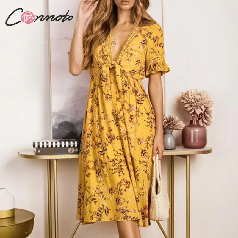 Conmoto Длинное летнее платье жёлтое в стиле бохо с цветочным принтом богемное