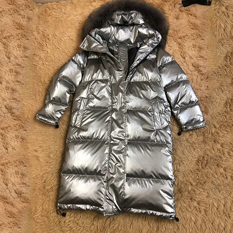 Raccoon Fur Collar Winter Down Coats Women 2019 Long Jackets Fashion Bright Hooded Parka Down Jacket Female Outerwear Warm PL21