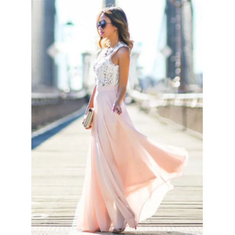 Женские вечерние платья в стиле бохо пляжный Макси сарафан бежевого и розового