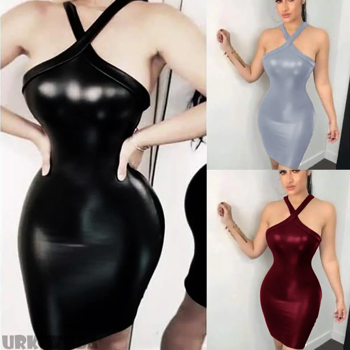 Fashion Brand Newest Sexy Women PU Leather Wet Look Bodycon Party Clubwear Midi Short Dress Solid Spaghetti Strap Hot Dresses | Женская