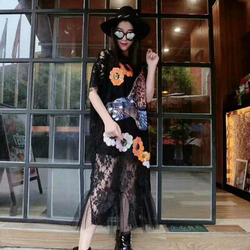 QING MO Sequin Eagle Dress Women Holes Lace Flower Short Sleeve Black Long Patchwork Summer Clothing ZLDM111 | Женская одежда