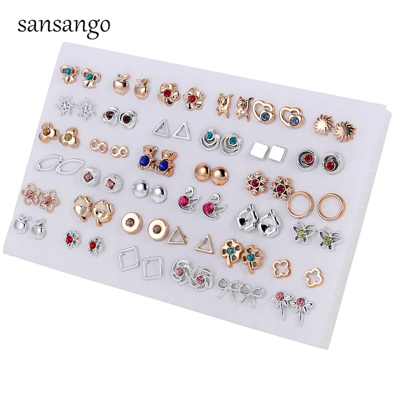 

36pair/set Trendy Flower Stud Earring Set Crystal Bear Heart Earrings For Women Girl Children Jewelry New Years Gift