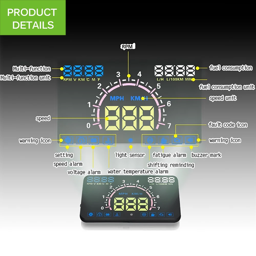 5 &quotАВТО OBDII Автомобиль HUD OBD2 порт вверх дисплей км/ч MPH Превышение скорости