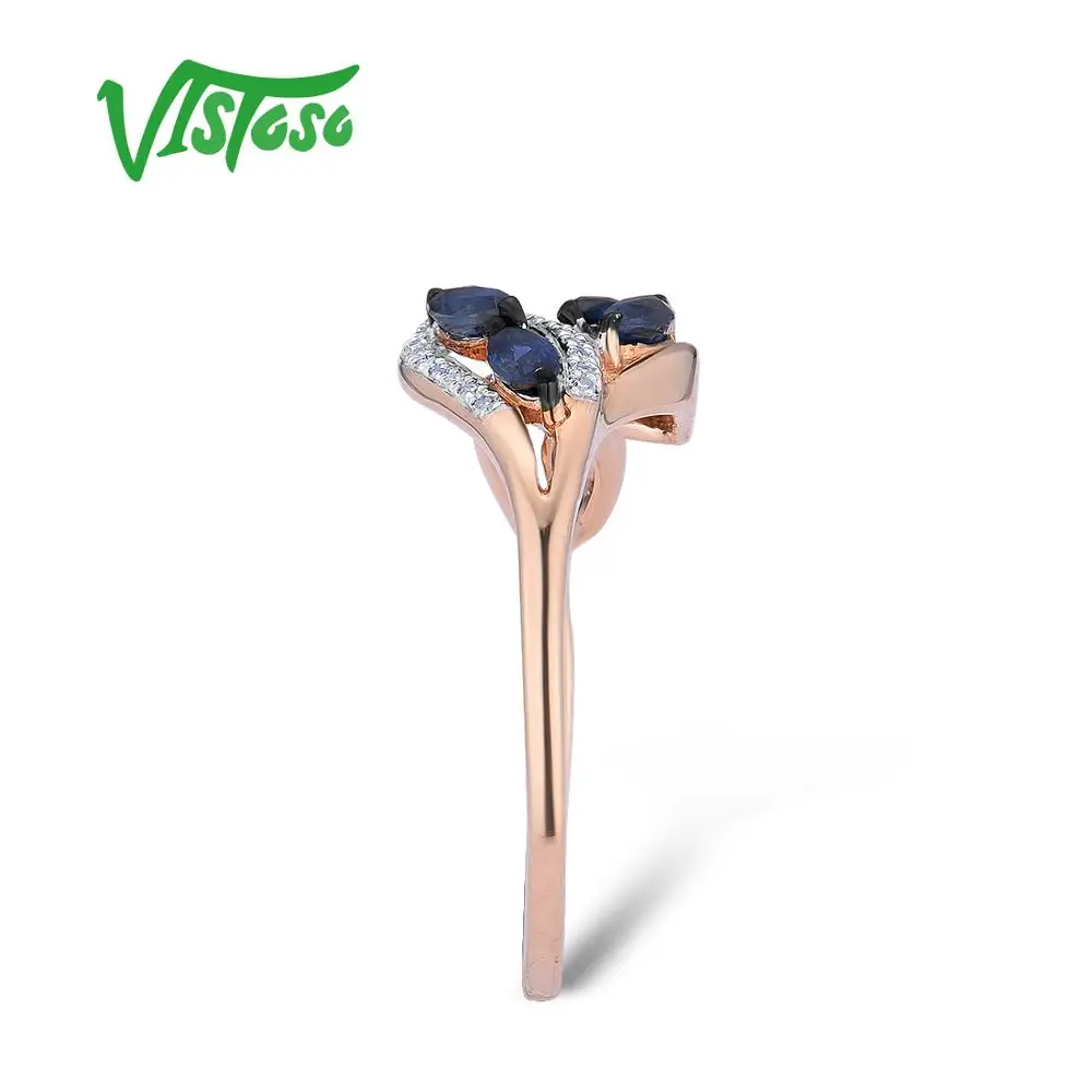 

VISTOSO Gold Rings For Women Genuine 14K 585 Rose Gold Ring Leaves Shiny Diamond Blue Sapphire Wedding Engagement Fine Jewelry