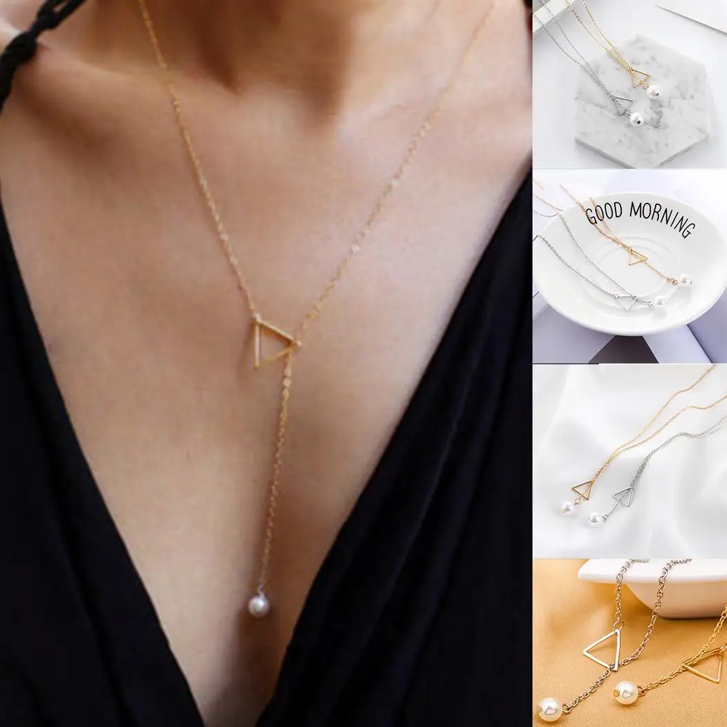 Women Fashion Adjustable Triangle Imitation Pearl Pendant Necklaces Jewelry Casual Party Beach etc Hollow Out Link Chain | Украшения и