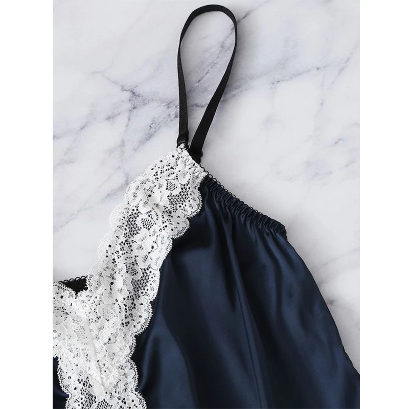 2pcs Women Sexy Satin Lace Sleepwear Babydoll Nightdress Pajamas Set | Женская одежда